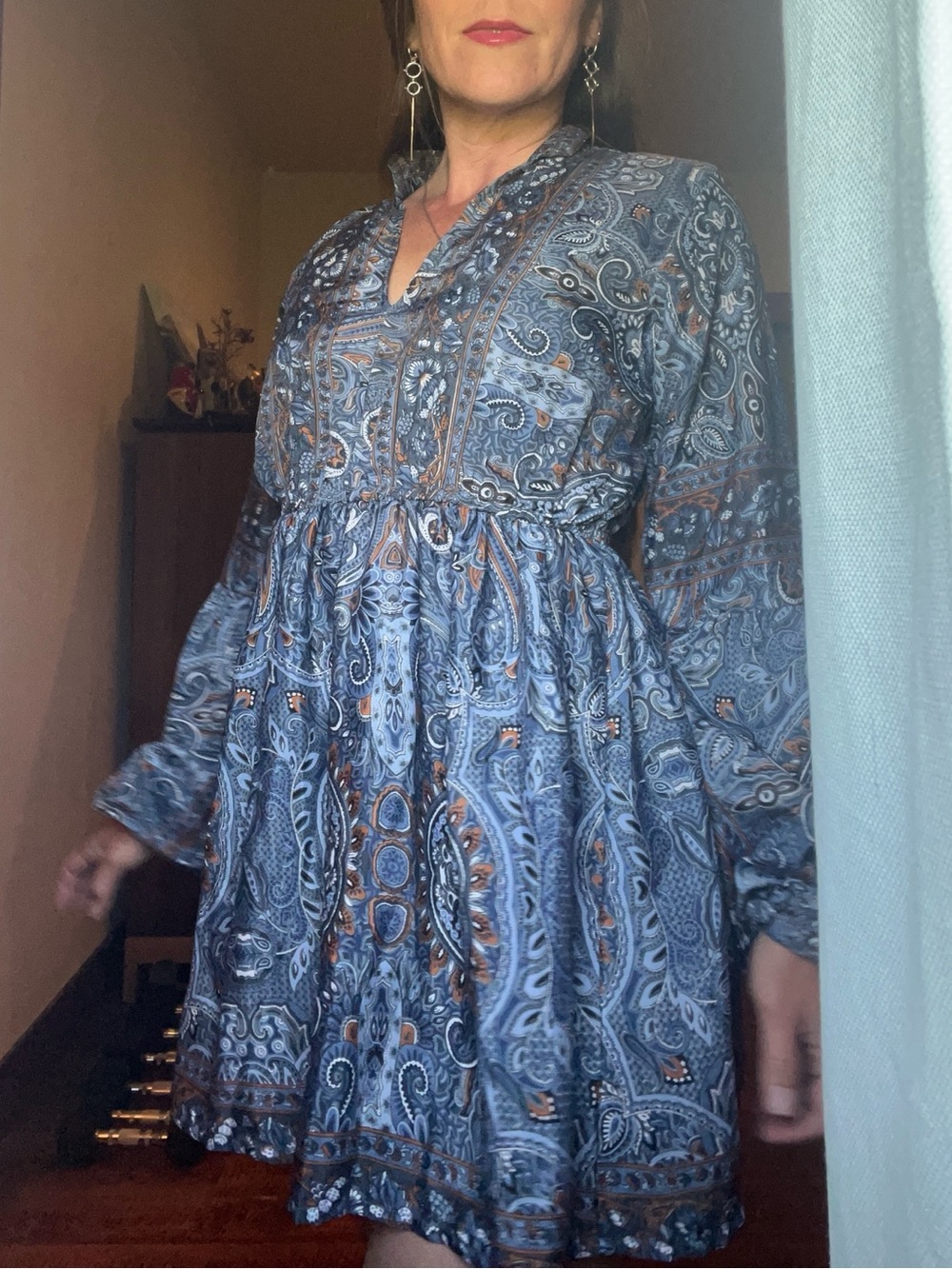 100% Silk Flowy Boho Paisley Blue Long-Sleeve Mini Dress Small